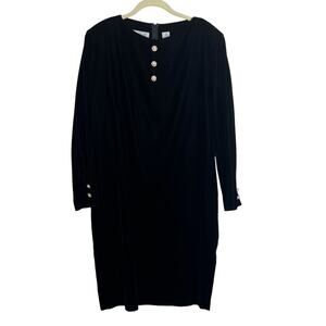 MS Chaus Vintage Velvet Shift Dress Size 10 Black Pearl Rhinestone Buttons